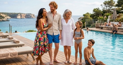 Casting parejas y familias con hombres, mujeres y niños y niñas para publicidad en redes sociales de hotel en Menorca